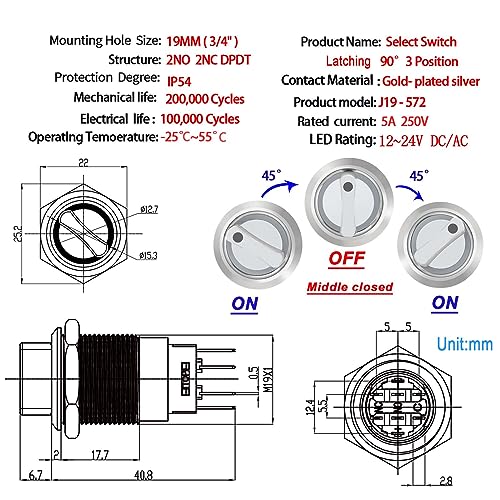 ZJWZJH Chave Rotativa 19Mm Em 3 Posições, Luz LED Azul 12-24Vdc, Chave Seletora de Trava 250V 2No (E