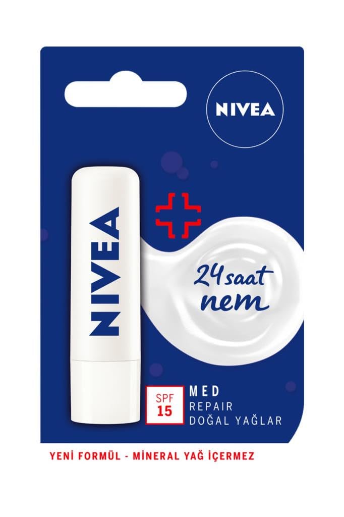 NIVEA Med Repair Dudak Bakım Kremi 4,8gr x3 Adet,24 Saat Nem,Doğal Yağlar ile Çatlamış Dudak Bakım,SPF 15, Avantajlı Paket