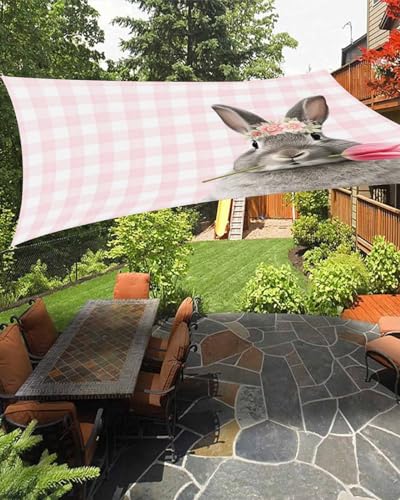 Boanket Sun Shade Sail 12' x 16', Pink Easter Bunny Sun Blocking Shades Privacy Outdoor Covering, Spring Floral Tulip Pink Plaid Shade Cloth for Patio Deck Terrace Garden Lawns Beach Backyard