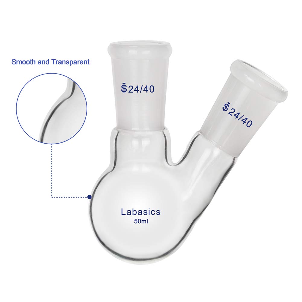 Labasics Vidrio 50ml RBF Matraz de Fondo Redondo con 2 Cuellos de Ángulos, 2 Neck Round Bottom Flask con Junta Exterior 24/40 Central y Lateral Estándar - 50ml