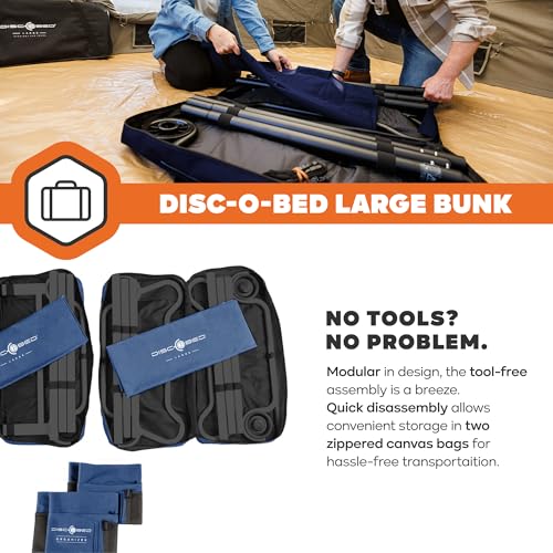 Image of Disc-O-Bed Large Outdoor Convertible 2 Person Bench and Double Camping Cot Portable Bed Bunk System for Adults, Navy