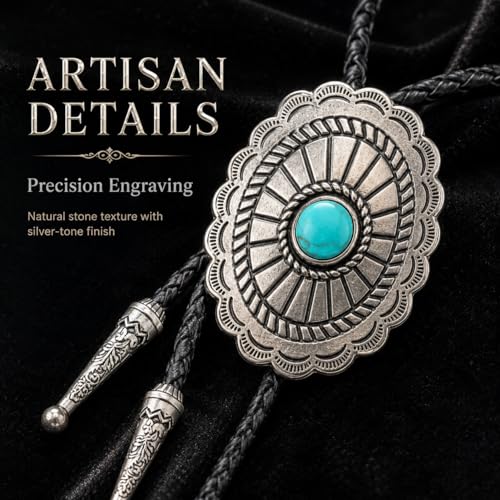 Image of Turquoise Bolo Tie for Men, Leather Braided Necktie Western Cowboy Bola Tie Costume Accessories for Men Women