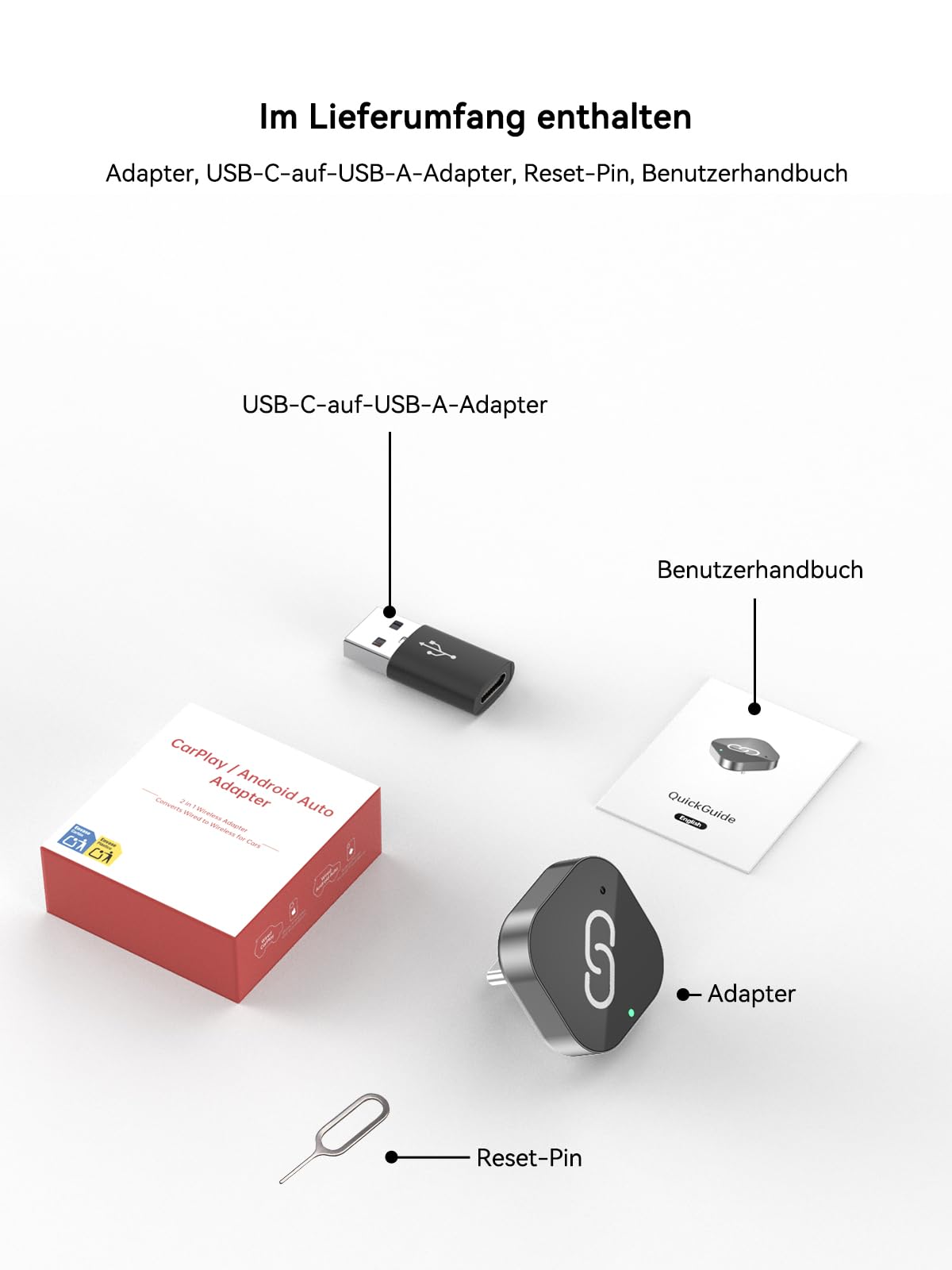 Spedal 2-in-1 Wireless CarPlay & Android Auto Adapter, USB-A/C Dongle, Wired zu Wireless, 5.8GHz WLAN, Bluetooth 5.3, Plug & Play, kompatibel mit Fahrzeugen ab 2016 (Hochglanz Schwarz)