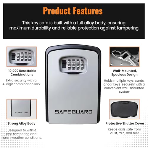 Key Safe Extra Large - Safeguard, Police-Approved 4-Digit Combination Heavy-Duty Alloy Body Waterproof,Wall-Mounted For Home, Business, Garage, Airbnb, Key Safe For Indoor & Outdoor105 X 145 X 55 - 3