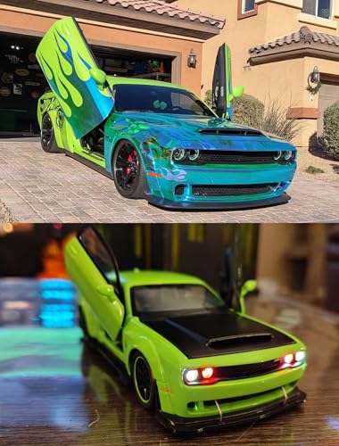 Image of Die-Cast Car Model 1:32 Scale Challenger SRT| Alloy Metal Car with Openable Doors, Hood & Trunk | LED Headlight & Taillight with Sound | Pull Back Toy for Kids & Collectors (Green)