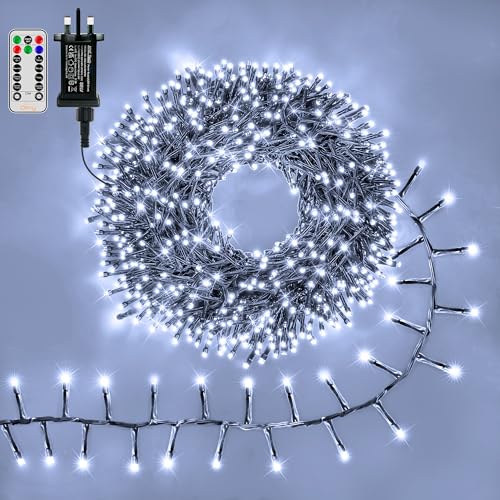 Ollny Outdoor Cluster Christmas Lights - 15m 1000LEDs Xmas Tree Fairy Lights Mains Powered with Plug/Green Cable/8 Modes/Timer/Remote, Waterproof String Lights for Garland Outside Indoor Decoration