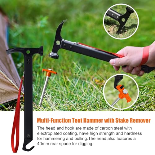 Image of Eurmax USA Hiking Camping Tent Stakes and Hammer Set Lightweight Multi-Function Tent Hammer with Tent Stake Remover,Tent Pegs for Camping, Hiking, Backpacking, Gardening(Orange Stopper Stakes)