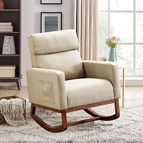 Altrobene Accent Rocking Chair Nursery Mid Century Modern Rocker Comfy Chair High Back Armchair for Living Room/Bedroom/Baby Room, Beige Cover
