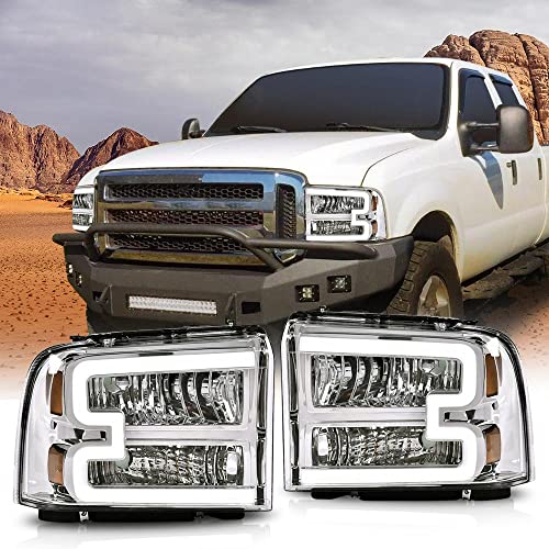 Pit66 Led Headlights, Compatible With 2005-2007 Ford F250 F350 F450 F550 Super Duty/ 2005 Ford Excursion,(Not Fit Sealed Beam Headlight Model) Clear Lens Chrome Housing Amber Reflector #TOP2