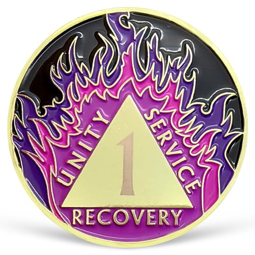 Purple Flames Médaille sobriété 1 an AA jeton rétablissement 12 étapes