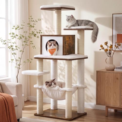 Image of Feandrea Cat Tree, 56.3-Inch Contemporary Cat Tower, Multi-Level Condo