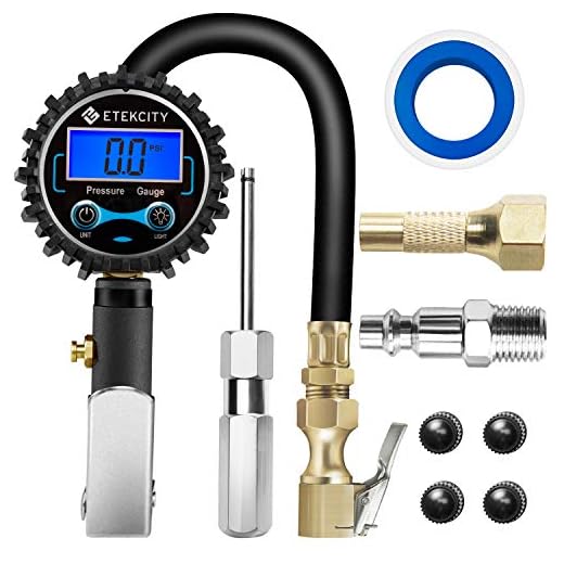 Etekcity Digital Tire Inflator with Pressure Gauge Air Chuck and Compressor Accessories Heavy Duty Brass with Rubber Hose Quick Connect Couple Leakproof 250 PSI 0.1