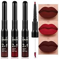 Vista 14 de 3 piezas 2 en 1 Set de maquillaje de delineador de labios mate y lápiz labial líquido para mujeres, rojo burdeos, rojo burdeos oscuro, púrpura