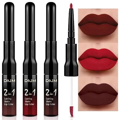 Miniatura 14 de 3 piezas 2 en 1 Set de maquillaje de delineador de labios mate y lápiz labial líquido para mujeres, rojo burdeos, rojo burdeos oscuro, púrpura
