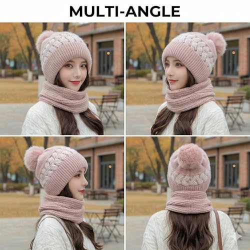 Image of Kraptick Women's Winter Cap and Scarf Set- Thick Fleece Lined Knitted Beanie Hat and Neck Warmer Muffler for Ladies, Stretchable & Soft Woolen Snow Proof for Extreme Cold -6