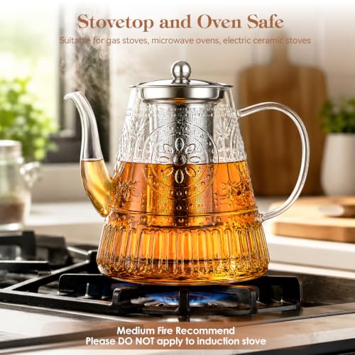 Image of 1500ml /52oz Large Glass Teapot, Zpose Vintage Tea Pot with Infuser for Loose Tea, Stovetop Glass Tea Kettle with strainer for 6-7 Cups