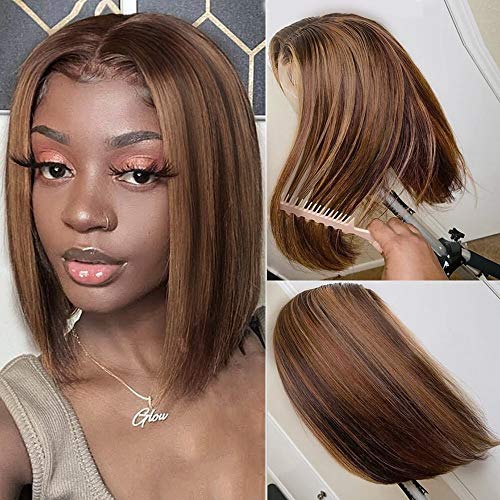 Small Lace Front Bob Wig for Women 14 Inches Short Silky Straight Hair Synthetic Bob Wigs With Small Lace Front, Mixed Brown Color Highlight Wig
