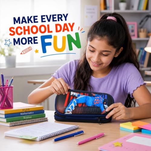 Image of KiddiBox Virat Pencil Box for Girls and Boys | Stylish Pencil Case for School, Student, Pen Case Holder with Dual Zipper Mesh Pocket, Hard Top Pencil Pouch for Kids, Stationary Pouch (Blue)