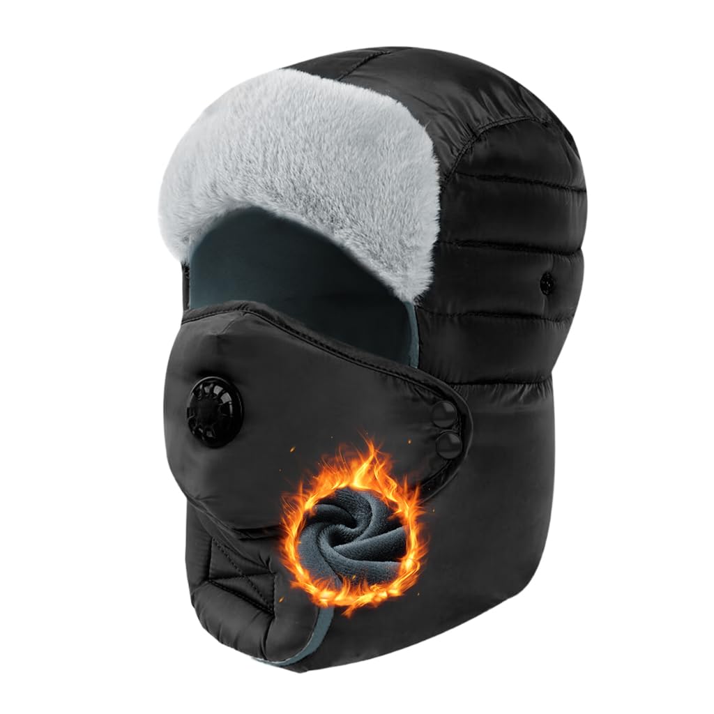 Winter Outdoor Hat Skiing Warm Hat Winterproof Thermal Plush Linered Hat Neck Gaiter, Snap-Button Face Cover Design, Onepiece Ear Guard Winter Hat for Riding, Hiking, Daily Black