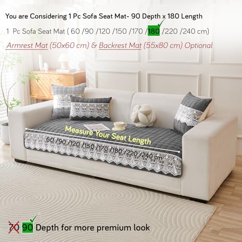 Image of HOKIPO 'BelleLace Series' Imperial Milk Velvet Sofa Cover Mat with Lace Design| Make Your Own Sofa Cover Set, Mat Length 90(D) x 180(L) cm, Porpoise Grey (AR-5967-DGRY)