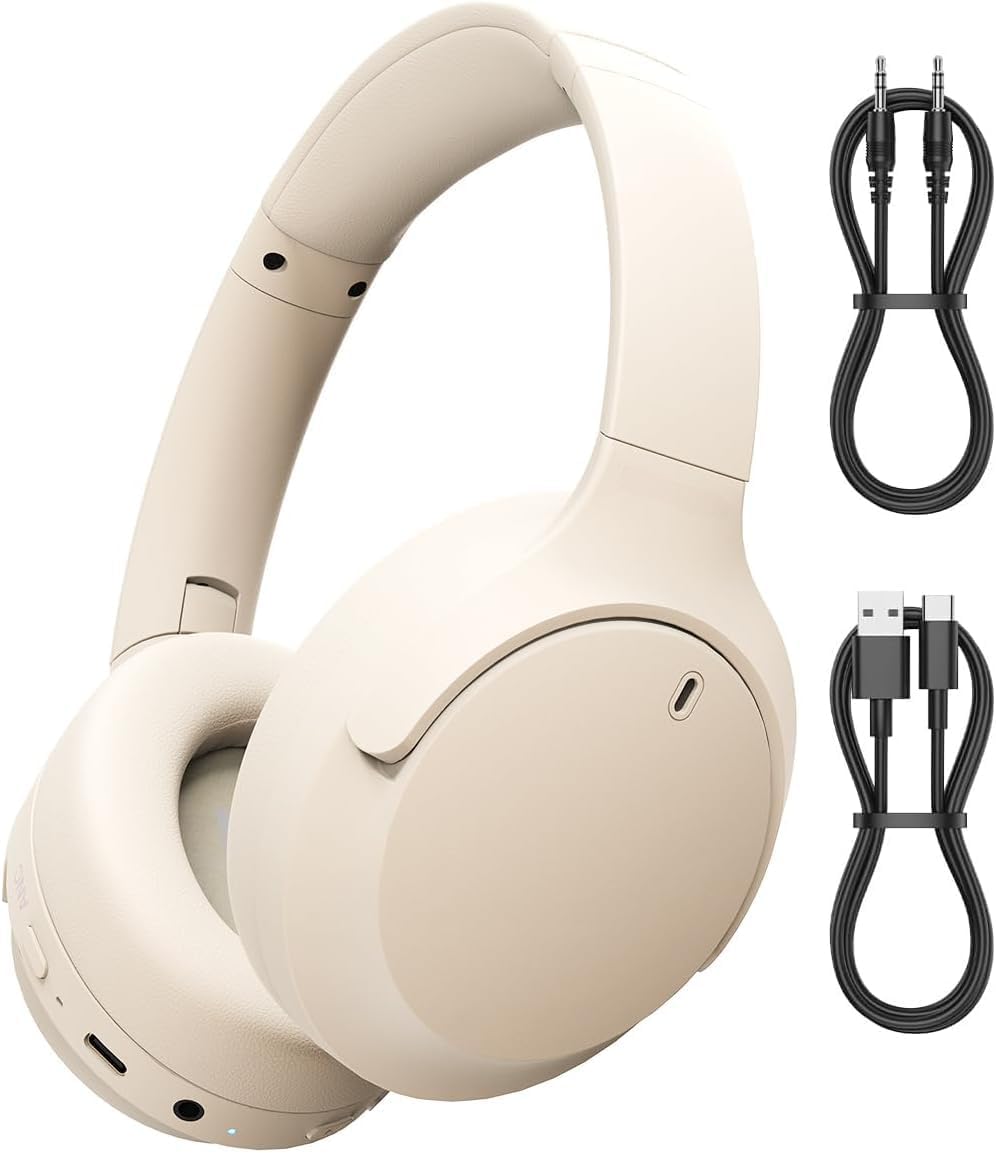 Jivitam D5 Made in India Over Ear Bluetooth Headphones with 70H Playtime, 40mm Bass Drivers, ANC Mic, Type-C Fast Charging, BTv 5.4, AUX Option, IPX5 Headphones Wireless with Mic (Off White)