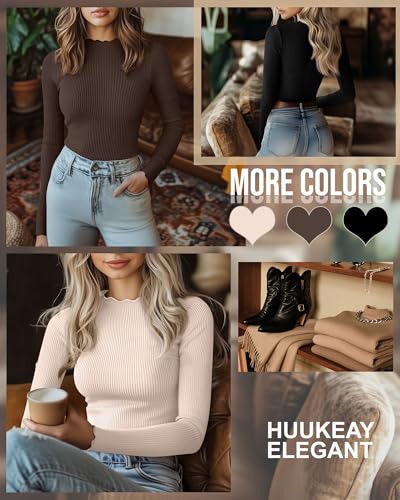 Huukeay 3 Pack Women's Mock Turtleneck Tops Cotton Ribbed Long Sleeve Slim Fit Shirts Lettuce Trim Fall Casual Basic Tees2