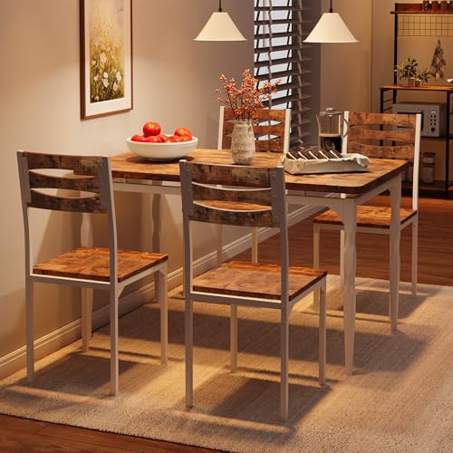 Image of Garvee 5 Piecs Dining Table Set, Farmhouse Style Dining Table and Chairs Set for 4, Dining Set for Dining Room Kitchen Apartment, White & Brwon