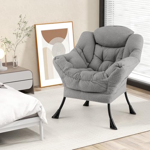 COSTWAY Fauteuil Salon Scandinave Relax en Sherpa, avec Oreiller et Poche Latérale, pour Lecture,...