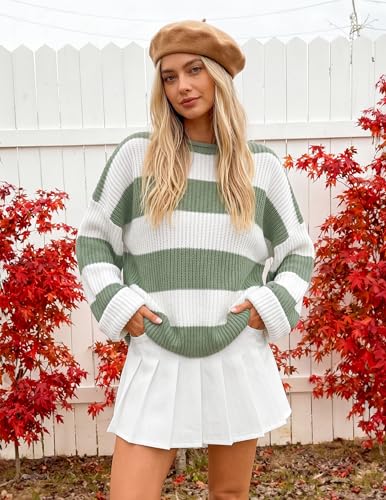 Image of ZESICA Women's 2026 Fall Long Sleeve Oversized Striped Color Block Comfy Loose Crew Neck Knitted Pullover Sweaters