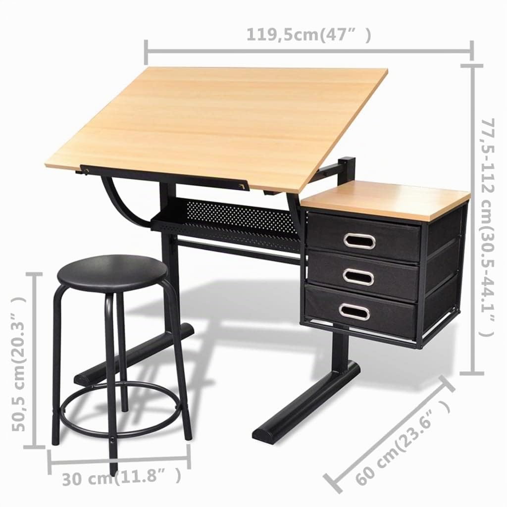 vidaXL Table à Dessin inclinable à 3 tiroirs avec Tabouret