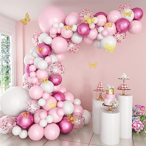 Kit Arche Ballon Rose, Guirlande Anniversaire Avec Ballons Rose, Ballon Blanc Et Décorations Métalliques En Forme De Papillon, Arche De Ballon Rose Pour Baby...