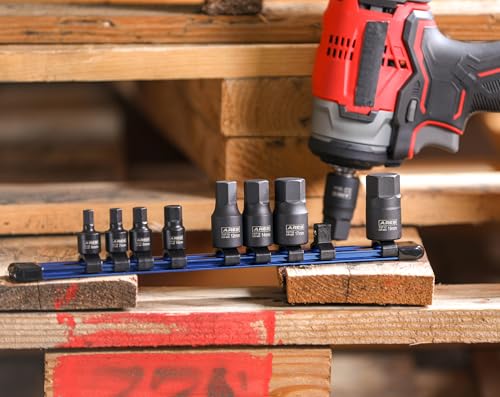 Image of ARES 70497 9-Pc Metric Impact Hex Socket Set, Chrome Moly, Rail