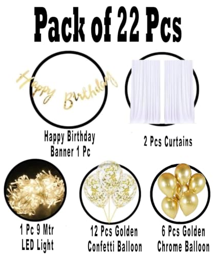 Image of MOOKE Gold Birthday Decoration Set - Happy Birthday Banner, Gold Confetti Balloons With LED Light, Unisex-Adults, Unisex-Kids (22)