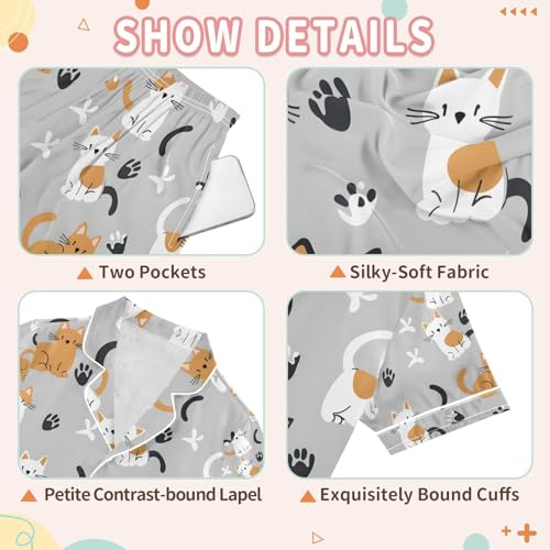 senya Cat and Gray Background Satin Summer Pajama Sets Silk Short Sleeve Button Down Sleepwear3