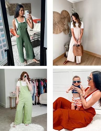 Daacee Womens Loose Linen Bib Overalls Comfy Sleeveless Adjustable Straps Wide Leg Jumpsuit With Pockets(0452-Teal-L) #TOP1