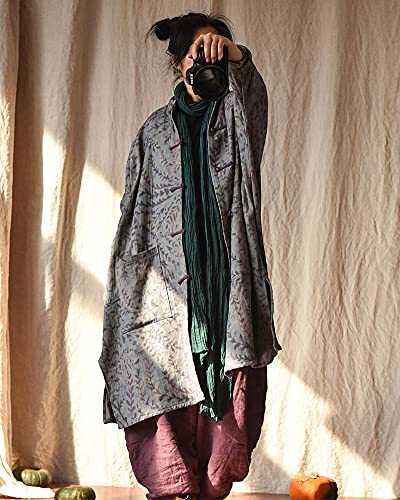 NFYM Women Cotton Linen Loose Windbreaker Button Down Vintage Print Retro Long Coat with Pockets4