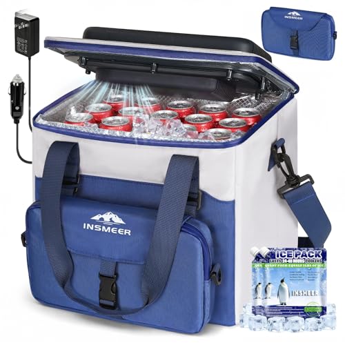 Image of INSMEER Portable Electric Cooler & Warmer, 20L/18QT Lightweight Coolers with Detachable Bag, 110V AC Home Power Cord & 12V Car Adapter for Camping, Road Trips, Picnics(with 2pcs Ice Pack)