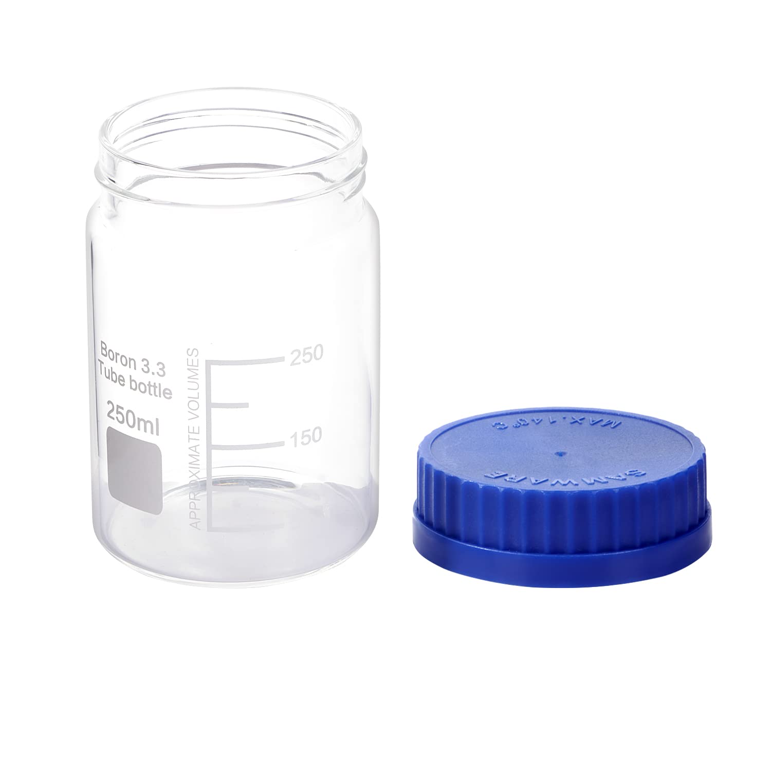 Paquete de 3 botellas de vidrio de laboratorio graduadas de boca ancha de 250 ml con tapón de rosca de polipropileno azul GL70