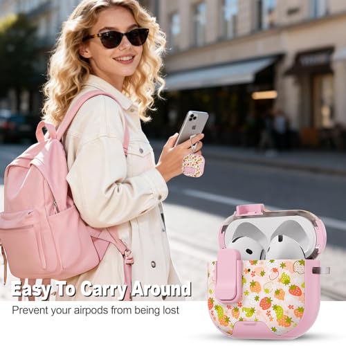 Image of for AirPods 4 Case with Safty Lock & Phone Stand,Cute Floral Pattern Style | PC & TPU Dual Layer Protective Cover with Keychain & Cleaner Pen for Apple AirPod 4th Generation 2024 Women (Strawberry)