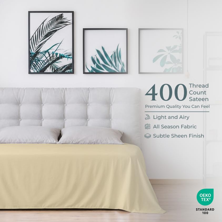 Image of Royale Linen 400 Thread Count 100% Cotton Flat Sheets Only - Cooling Sheets - Twin Top Sheet Sold Separately - Luxury Sateen Weave - Breathable & Super Soft White Flat Sheet Only (Twin, Moroccan Sand)