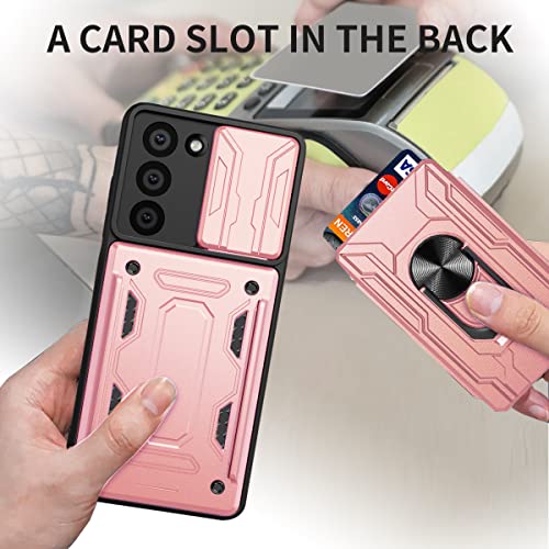Galaxy S23 5G Case, Designed For Samsung S23 Phone Cases With Screen Protector Detachable Card Holder Slot Ring Kickstand Military Grade Heavy Duty Shockproof Protective Cover Women Men 6.1" Rose Gold #TOP3