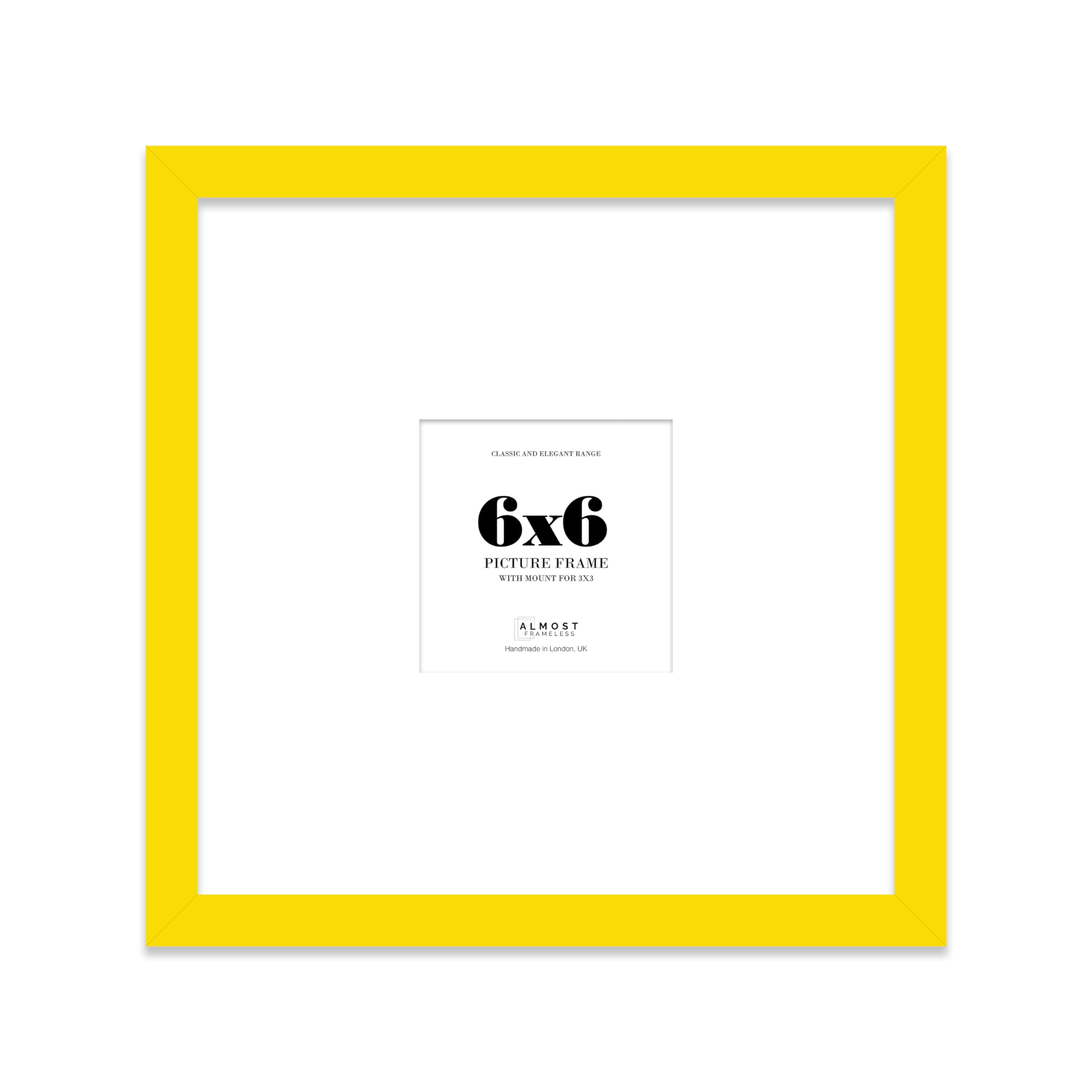 Almost Frameless 6x6 Square Picture Frame, Display Pictures 3x3 With Mat or 6x6 Without Mat, Wall Hanging & Free Standing Photo Frame, Yellow, 1 Pack