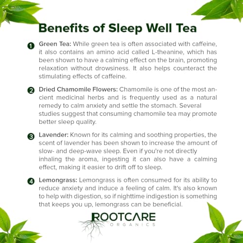 Image of Rootcare Organics Sleep Well Tea | Herbal Tea with Green Tea, Chamomile, Lavender & Lemongrass | Promotes Better Sleep & Reduces Stress | Supports Digestion | 100% Natural | 100g Pack Of 1 Month