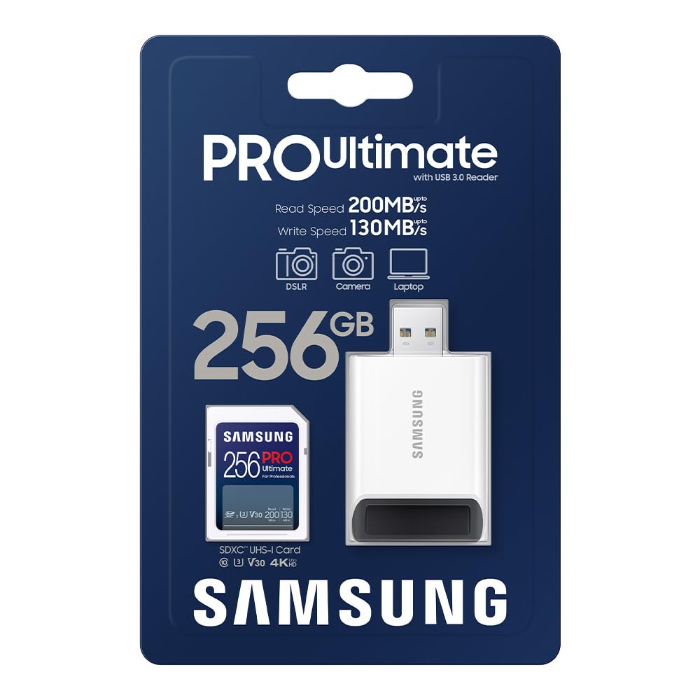 Samsung PRO Ultimate Scheda SD 256 GB, UHS-I U3, Full HD & 4K UHD, 200 MB/s di lettura, 130 MB/s di scrittura, scheda di memoria per fotocamera, PC, drone o action cam, incl. lettore di schede USB,