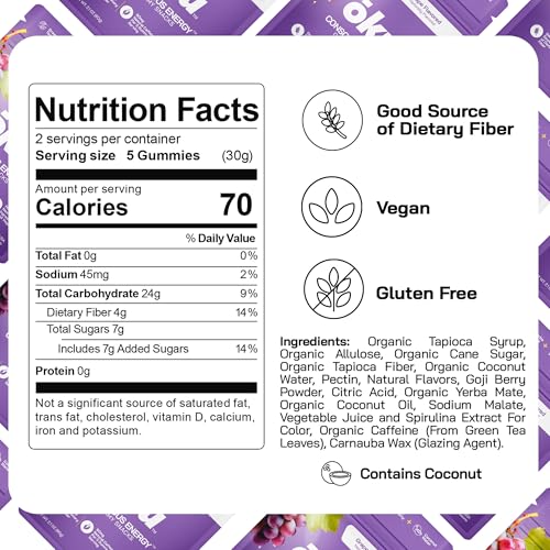 Image of ōku Energy Chews - Energy Gummies w /Natural Caffeine from Green Tea | Yerba Mate, Coconut Water for Hydration, 4g Vegan Fiber Gummy, Non-GMO | Running, Cycling, On-the-Go Snacks, Grape (12-Pack)