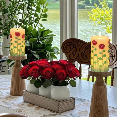 Image of Eldnacele Rose Flameless Candles with 6 Hour Timer, Battery Operated Hand Painted 3D Wick Flickering Real Wax LED Pillar Candles for Spring Dinner Christmas Holiday Decor((2Pcs, D3xH6.5)