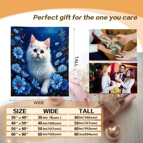 Manta Polar 220 x 240 Flores Azules y Gato, Mantas para Cama 105 de Franela Cálida y Cómoda para Niños y Adultos, Mantitas para Sofá Reversible para Cubre Sofa Colchas, Fácil de cuidar