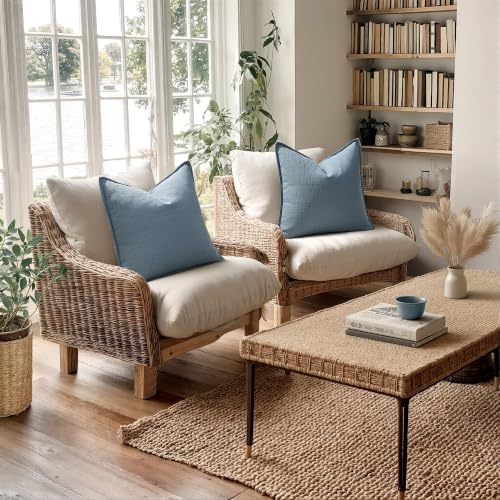 Image of MIULEE Euro Sham Pillow Covers for Bed 24x24, 2 Pack Blue Thick & Textured Decorative Throw Pillow Covers, Neutral Linen Cushion Cases, Modern Farmhouse Home Decor, No Filling
