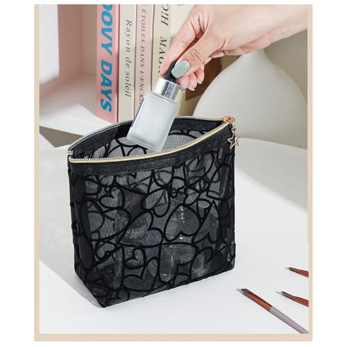 Image of 3-Piece Mesh Makeup Bag Set Flocking Heart Printed, Portable Travel Mesh Cosmetic Bags Toiletry Bags Makeup Purse Bags Five-pointed star zipper pull Storage Pouches, for Home Travel