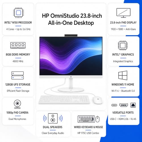 Image of HP OmniStudio 24 inch All-in-One Desktop, Intel N150 Processor, 8GB DDR5 | 128GB UFS Storage, FHD Non-Touch, Wi-Fi 6, Bluetooth 5.4, 1080p Webcam, Keyboard & Mouse, Windows 11 Home, Cashmere White